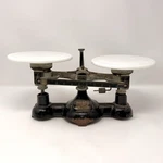 Antique Ohaus 2 Kilo Balance Scale Cast Iron With Milk Glass Trays - Authentic. Fixed Price $149.99.