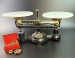 Vintage Ohaus Balance Scale Double Beam Metal Milk Glass Pans And Extra Weights. Fixed Price $166.50.