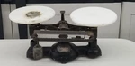 Vintage Ohaus Cast Iron Balance Double Beam Scale With Milk Glass Trays I2. Fixed Price $64.88.