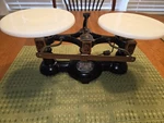 Vintage Ohaus Balance Scale. Cast Iron With Milk Glass Trays. Fixed Price $75.00.