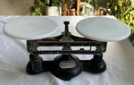Antique Ohaus Balance Scale Double Beam Cast Iron & Steel Milk Glass Pans 2 Kilo. Fixed Price $84.00.